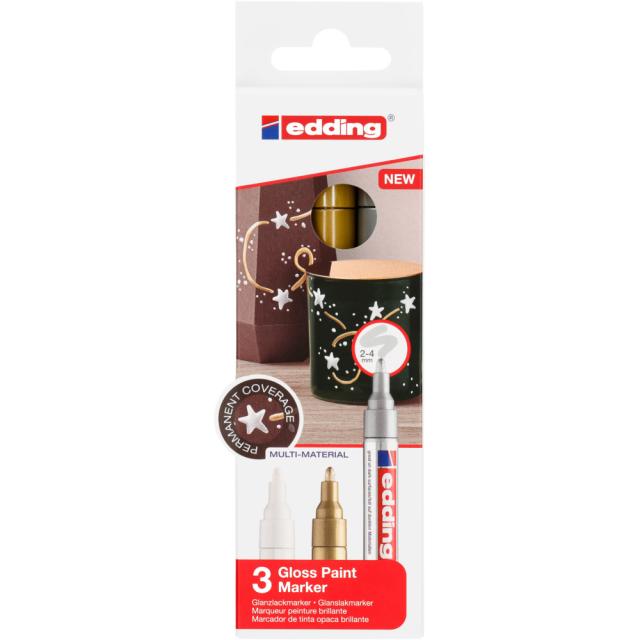 Marker cu vopsea edding 750, corp metalic, varf rotund, 2-4 mm, set 3 culori, alb, auriu, argintiu