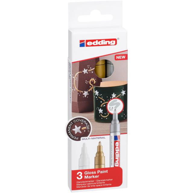 Marker cu vopsea edding 750, corp metalic, varf rotund, 2-4 mm, set 3 culori, alb, auriu, argintiu