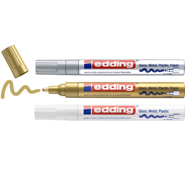 Marker cu vopsea edding 750, corp metalic, varf rotund, 2-4 mm, set 3 culori, alb, auriu, argintiu