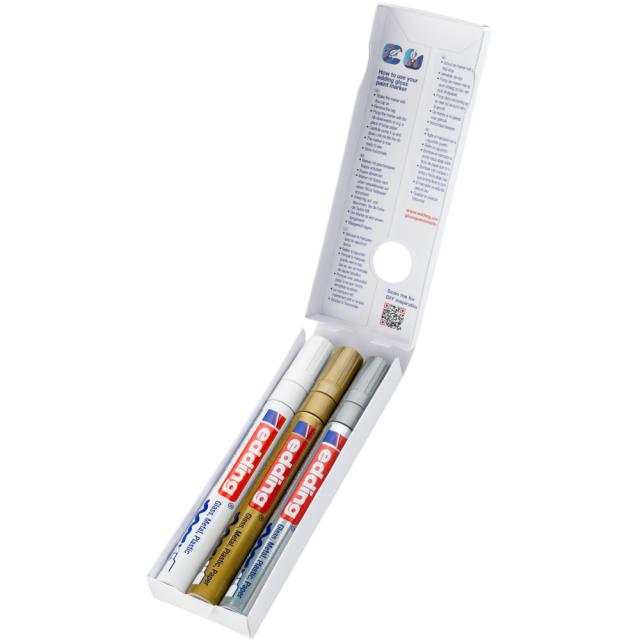 Marker cu vopsea edding 750, corp metalic, varf rotund, 2-4 mm, set 3 culori, alb, auriu, argintiu