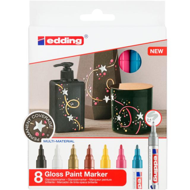 Set markere cu vopsea edding 750, corp metalic, varf rotund, 2-4 mm, 8 bucati, negru, galben, roz, albastru deschis, alb, auriu, argintiu, cupru