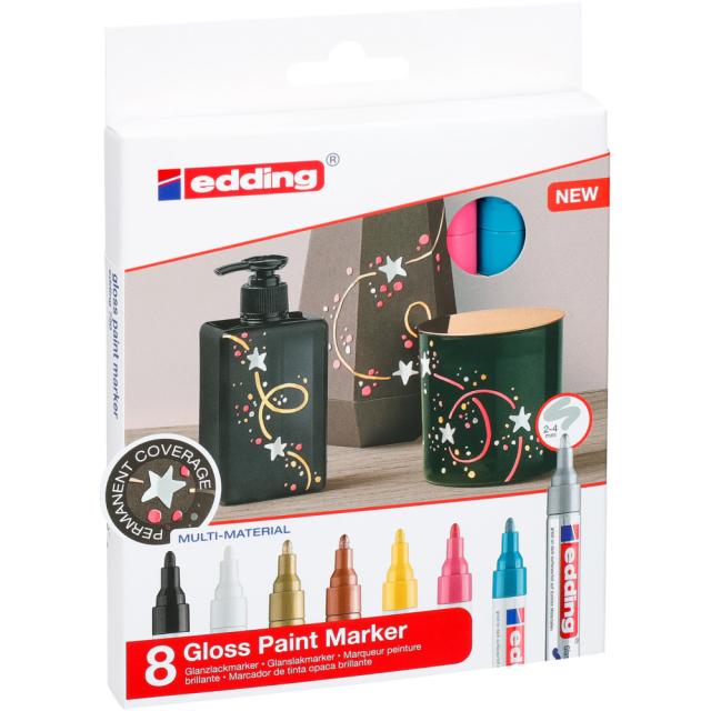 Set markere cu vopsea edding 750, corp metalic, varf rotund, 2-4 mm, 8 bucati, negru, galben, roz, albastru deschis, alb, auriu, argintiu, cupru
