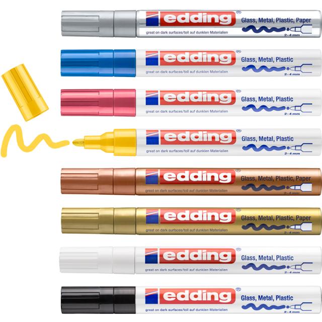Set markere cu vopsea edding 750, corp metalic, varf rotund, 2-4 mm, 8 bucati, negru, galben, roz, albastru deschis, alb, auriu, argintiu, cupru