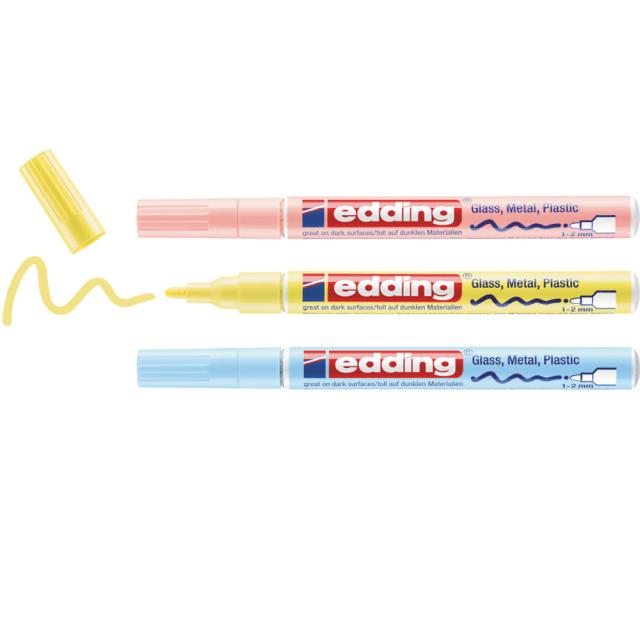Marker cu vopsea edding 751, corp metalic, varf rotund, 1-2 mm, set 3 culori pastel - galben, roz, albastru