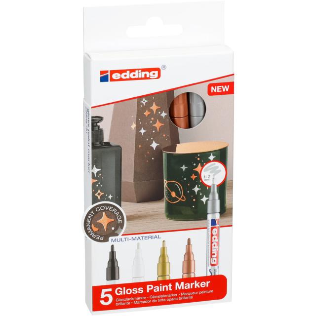 Marker cu vopsea edding 751, corp metalic, varf rotund, 1-2 mm, set 5 culori metalice: negru, alb, auriu, argintiu, cupru
