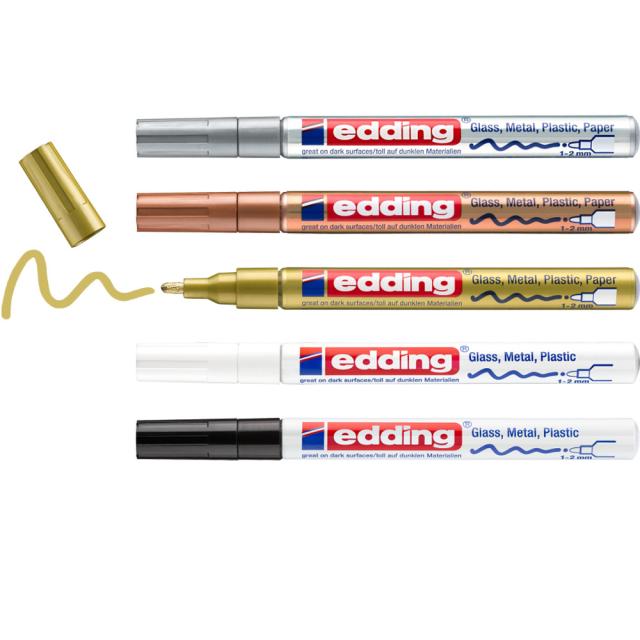 Marker cu vopsea edding 751, corp metalic, varf rotund, 1-2 mm, set 5 culori metalice: negru, alb, auriu, argintiu, cupru