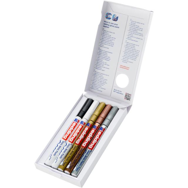 Marker cu vopsea edding 751, corp metalic, varf rotund, 1-2 mm, set 5 culori metalice: negru, alb, auriu, argintiu, cupru