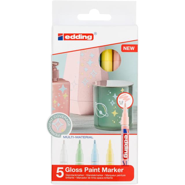 Marker cu vopsea edding 751, corp metalic, varf rotund, 1-2 mm, set 5 culori pastel: alb, galben, verde, roz, albastru