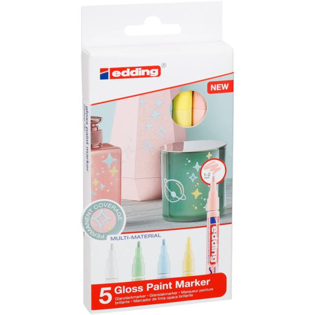 Marker cu vopsea edding 751, corp metalic, varf rotund, 1-2 mm, set 5 culori pastel: alb, galben, verde, roz, albastru