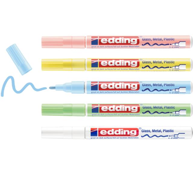 Marker cu vopsea edding 751, corp metalic, varf rotund, 1-2 mm, set 5 culori pastel: alb, galben, verde, roz, albastru
