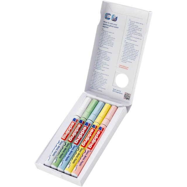 Marker cu vopsea edding 751, corp metalic, varf rotund, 1-2 mm, set 5 culori pastel: alb, galben, verde, roz, albastru