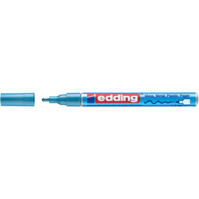 Marker cu vopsea Edding 751, varf rotund 1-2 mm, albastru metalic, rezistent la apa