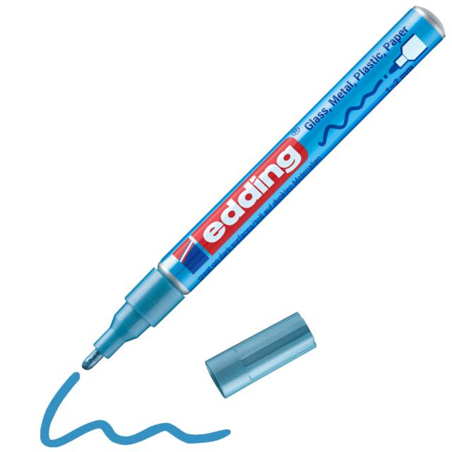 Marker cu vopsea Edding 751, varf rotund 1-2 mm, albastru metalic, rezistent la apa