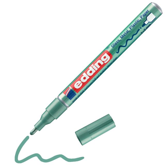 Marker cu vopsea Edding 751, verde metalic, varf rotund, 1-2 mm, rezistent la apa