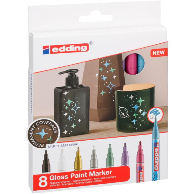 Marker edding 751 cu vopsea, corp metalic, varf rotund, 1-2 mm, set 8 culori: negru, alb, auriu, argintiu, albastru deschis metalizat, verde metalizat, violet metalizat, roz metalizat