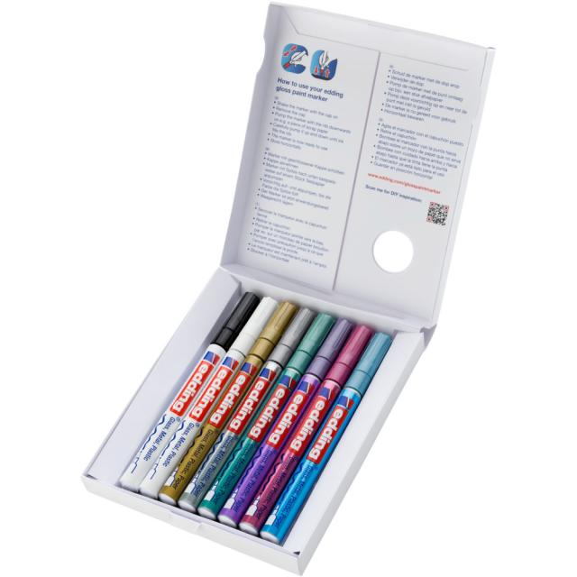 Marker edding 751 cu vopsea, corp metalic, varf rotund, 1-2 mm, set 8 culori: negru, alb, auriu, argintiu, albastru deschis metalizat, verde metalizat, violet metalizat, roz metalizat