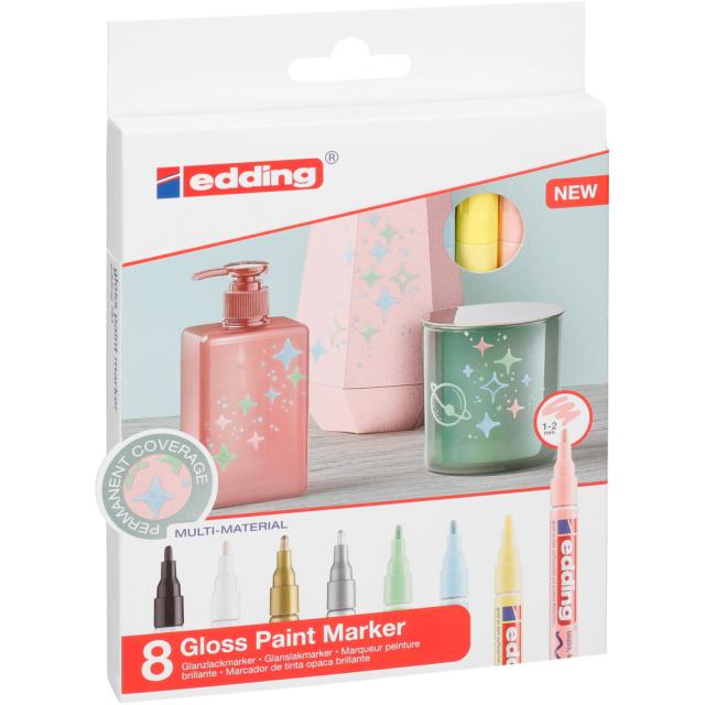 Set markere cu vopsea edding 751 Pastel, corp metalic, varf rotund, 1-2 mm, 8 culori: negru, alb, auriu, argintiu, galben pastel, verde pastel, roz pastel, albastru pastel