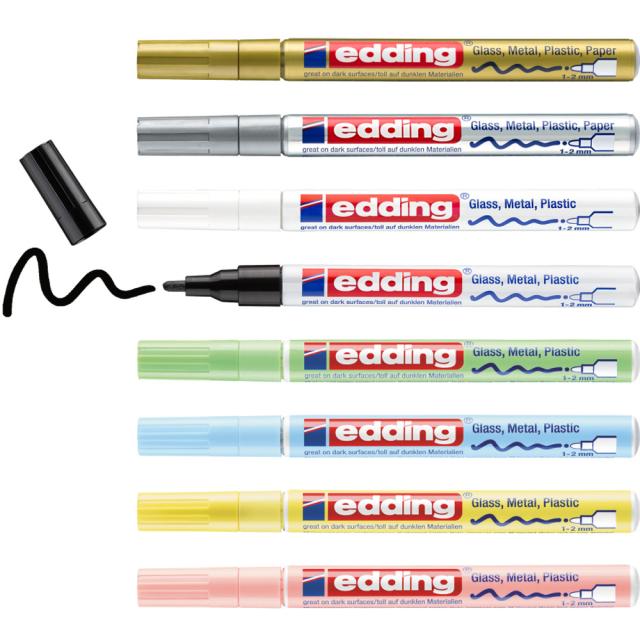 Set markere cu vopsea edding 751 Pastel, corp metalic, varf rotund, 1-2 mm, 8 culori: negru, alb, auriu, argintiu, galben pastel, verde pastel, roz pastel, albastru pastel