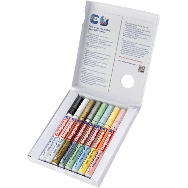 Set markere cu vopsea edding 751 Pastel, corp metalic, varf rotund, 1-2 mm, 8 culori: negru, alb, auriu, argintiu, galben pastel, verde pastel, roz pastel, albastru pastel