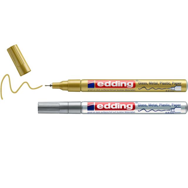 Marker cu vopsea Edding 780, corp metalic, varf extra-fin 0.8 mm, auriu si argintiu, set 2 bucati