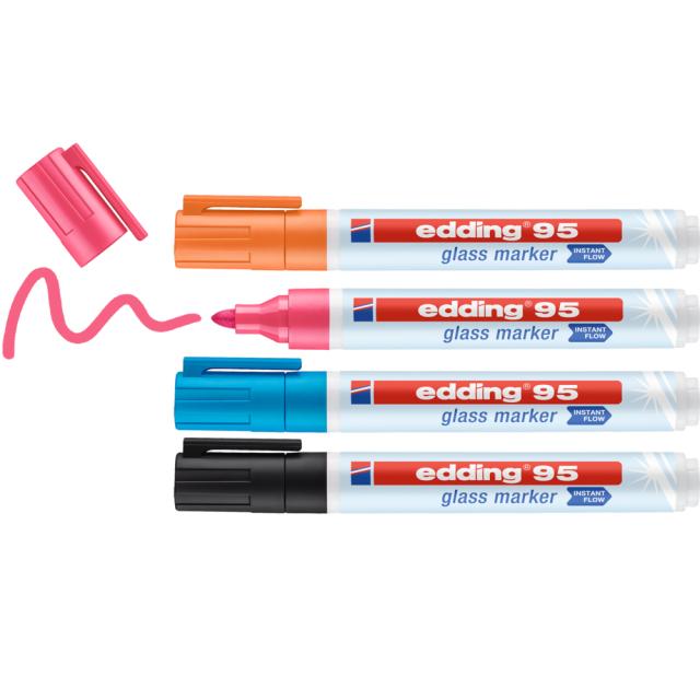 Marker pentru sticla Edding 95, set 4 culori asortate, varf rotund 1.5-3 mm, usor de sters