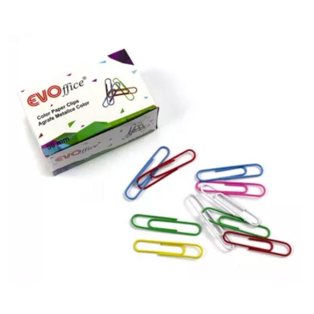 Agrafe EVOffice, 50mm, color, colturi rotunjite, 100 bucati/set