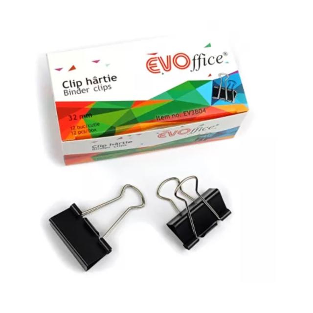 Clipsuri metalice negre EVOffice, 32mm, 12 bucati/set