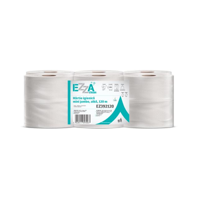 Hartie igienica mini jumbo EZZA Clean, alba, 2 straturi, 120 m, 12 role/bax