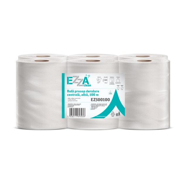 Rola prosop derulare centrala EZZA Clean, alba, 2 straturi, 500 portii,  100 m, 6 role/bax