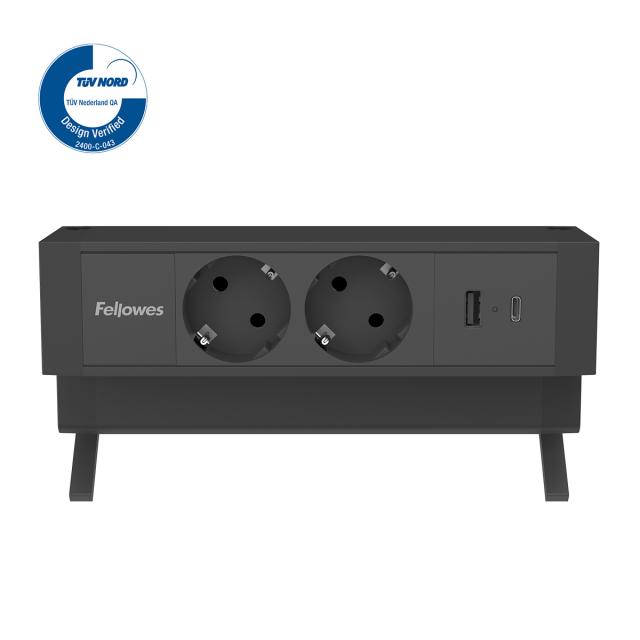 Priza birou fara gaurire blat Fellowes Desk Up 2x230V USB A+C, negru