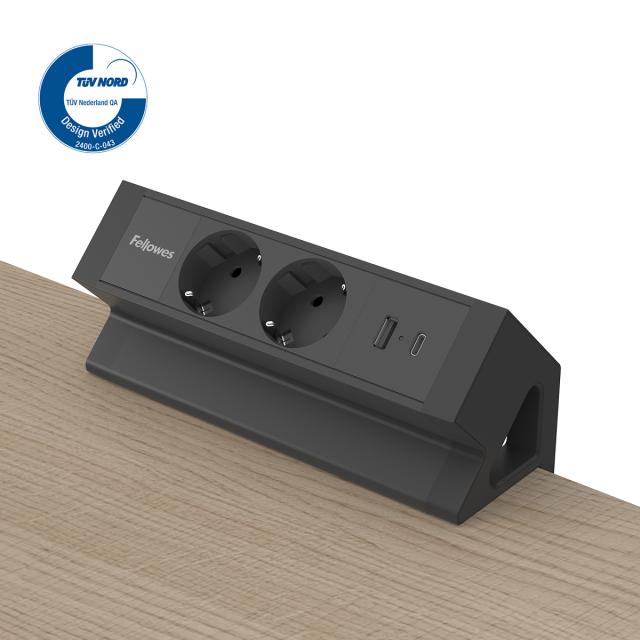 Priza birou fara gaurire blat Fellowes Desk Up 2x230V USB A+C, negru