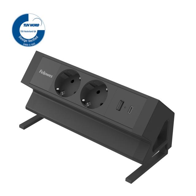 Priza birou fara gaurire blat Fellowes Desk Up 2x230V USB A+C, negru