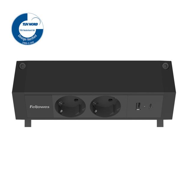 Priza birou fara gaurire blat Fellowes Desk Up 2x230V USB A+C, negru