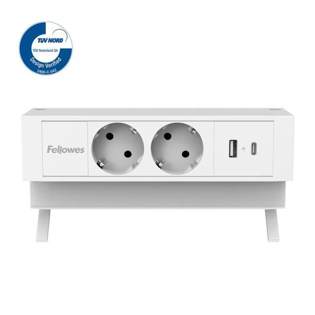 Priza birou fara gaurire blat Fellowes Desk Up 2x230V USB A+C, alb