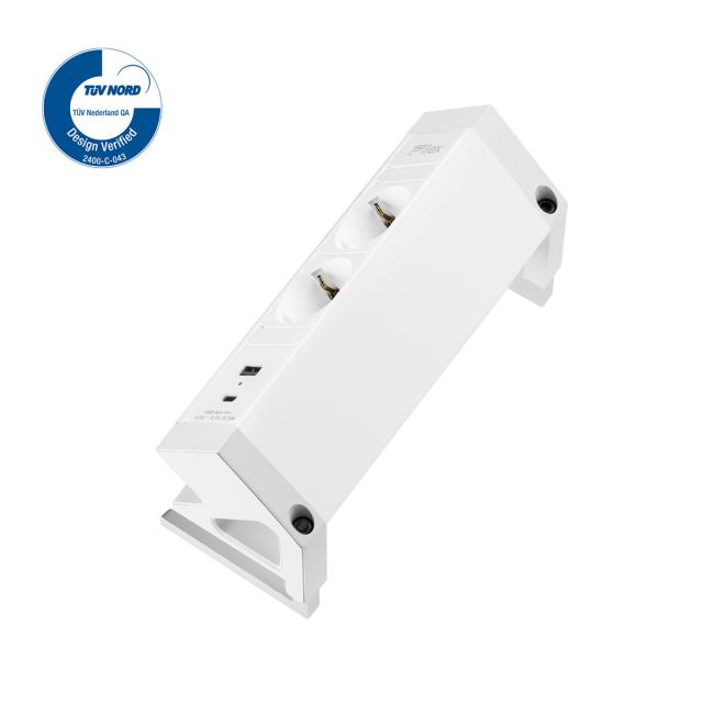 Priza birou fara gaurire blat Fellowes Desk Up 2x230V USB A+C, alb