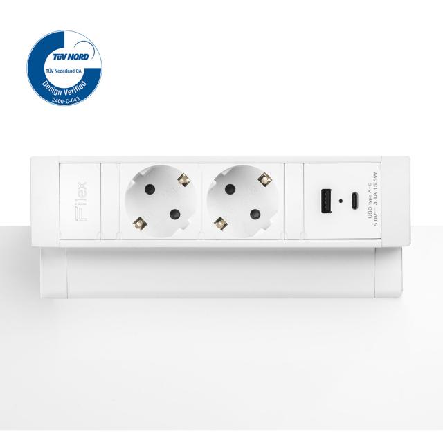 Priza birou fara gaurire blat Fellowes Desk Up 2x230V USB A+C, alb