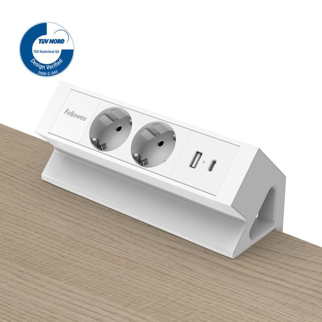 Priza birou fara gaurire blat Fellowes Desk Up 2x230V USB A+C, alb