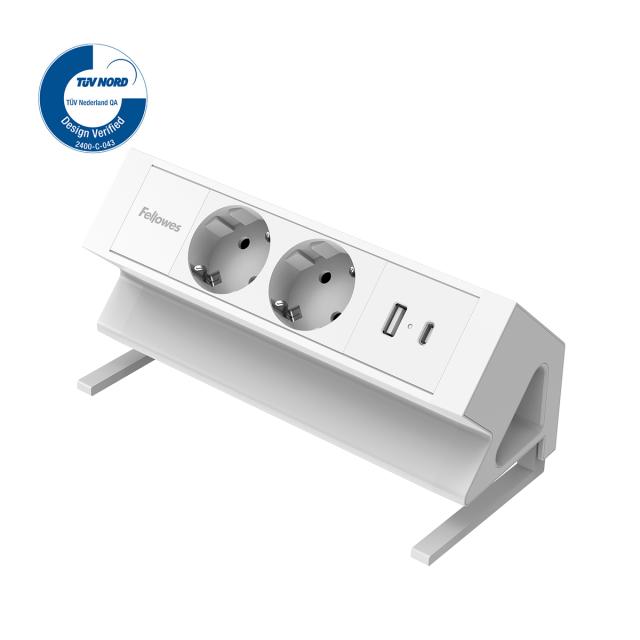 Priza birou fara gaurire blat Fellowes Desk Up 2x230V USB A+C, alb