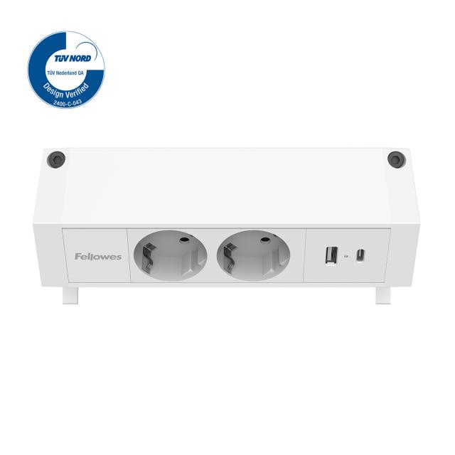 Priza birou fara gaurire blat Fellowes Desk Up 2x230V USB A+C, alb