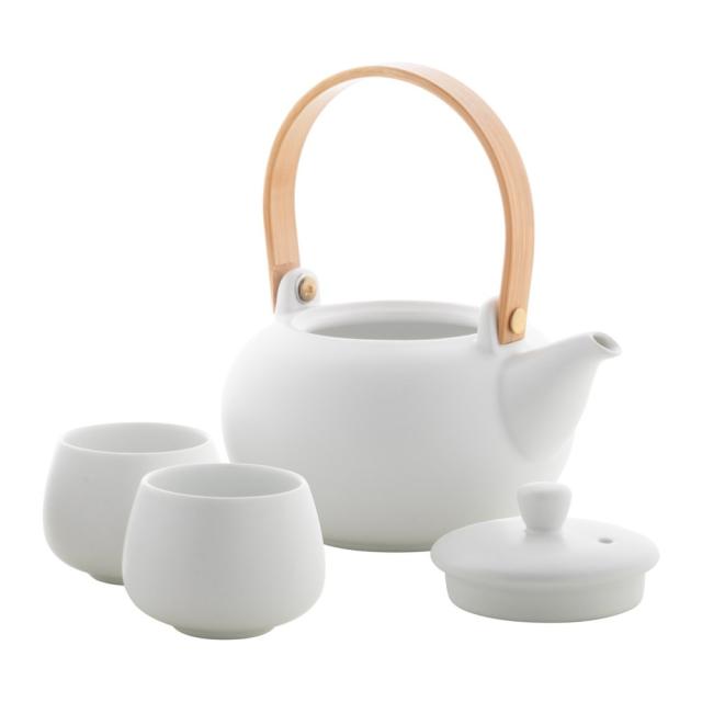 Set ceai cu ceainic maner bambus, 600 ml, doua cesti, alb