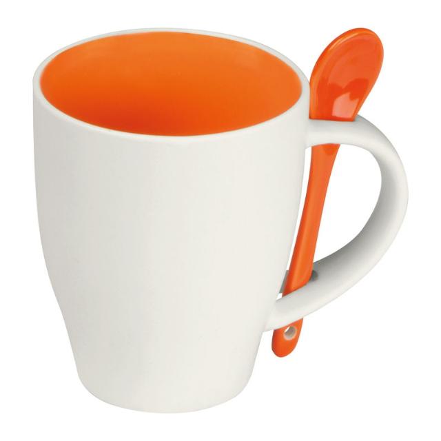 Cana ceramica, 250 ml, cu lingurita in maner, portocaliu