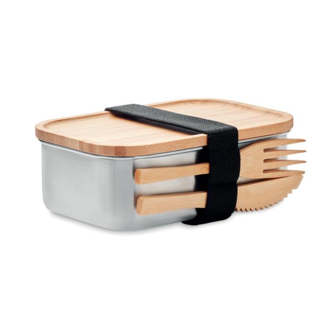 Cutie pranz, inox, 600 ml, capac si tacamuri bambus, Savanna