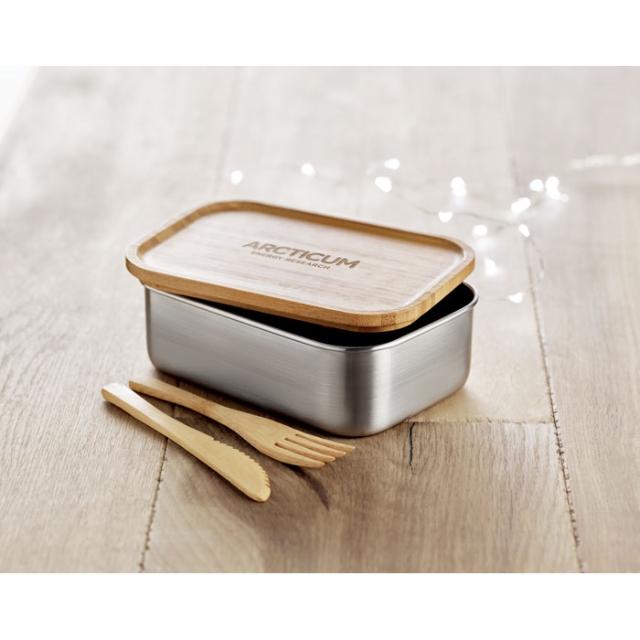 Cutie pranz, inox, 600 ml, capac si tacamuri bambus, Savanna