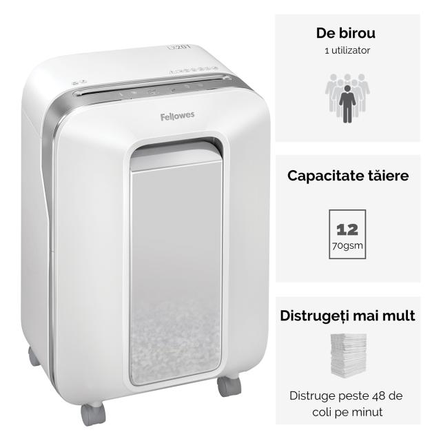 Distrugator documente Fellowes LX201 Alb, micro taieri, functionare silentioasa