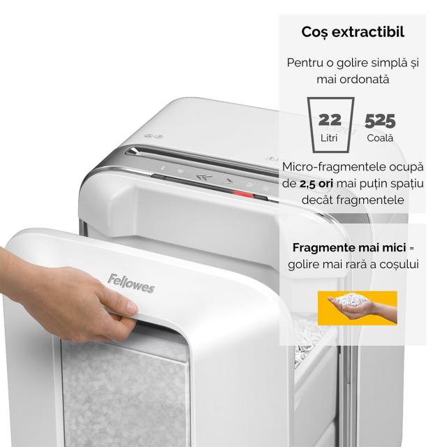 Distrugator documente Fellowes LX201 Alb, micro taieri, functionare silentioasa