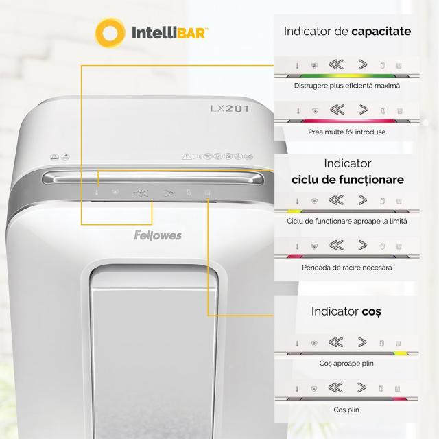 Distrugator documente Fellowes LX201 Alb, micro taieri, functionare silentioasa