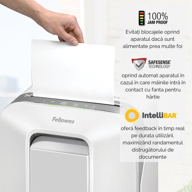 Distrugator documente Fellowes LX201 Alb, micro taieri, functionare silentioasa
