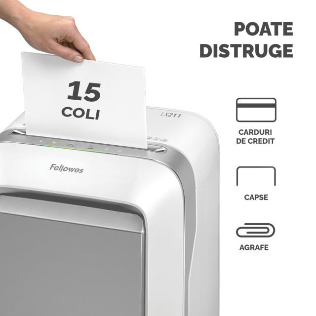 Distrugator documente Fellowes LX211 Alb, micro taieri, functionare silentioasa
