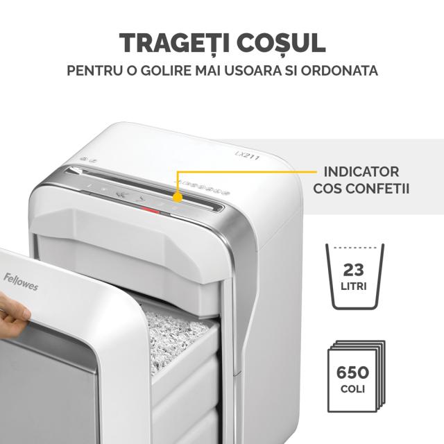 Distrugator documente Fellowes LX211 Alb, micro taieri, functionare silentioasa