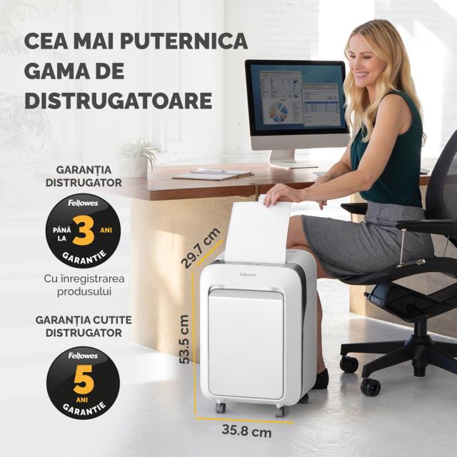 Distrugator documente Fellowes LX211 Alb, micro taieri, functionare silentioasa